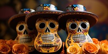 Skulls With Hats, Day Of The Dead Concept. Generative AI