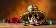 Mexican Decorated Skull For Day Of The Dead Banner. Generative AI