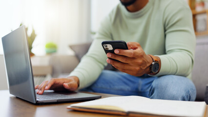 Aufkleber - Phone, laptop and man hands typing while doing research for a freelance project in his living room. Technology, keyboard and male freelancer working online with a computer and cellphone at his home.