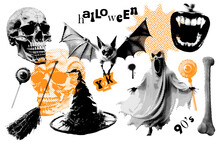 Set Of Halftone Illustrations For Halloween Decoration In Retro Offset Style. Big Collection With Traditional Elements - Bat. Skull. Gost, Zombie Eye, Witch's Broom And Hat. 90s Vector Illustration.