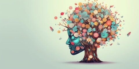 Wall Mural - Human brain tree with flowers and leaves, self care and mental health concept, positive thinking, creative mind, Generative AI