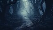 amazing dense fog settles hauntingly over mystical dark forest path trees vanishing upwards generative AI