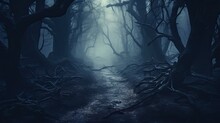 Amazing Dense Fog Settles Hauntingly Over Mystical Dark Forest Path Trees Vanishing Upwards Generative AI