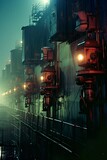 Fototapeta Do pokoju - Illustration of a science fiction wall with high tech industrial buildings and towers in the rain. A moody steampunk style. Ai generative art.