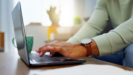 Aufkleber - Closeup, work from home and hands with a laptop, typing and connection with network, smartphone and keyboard. Person, entrepreneur or freelancer with pc, deadline and search internet for website info
