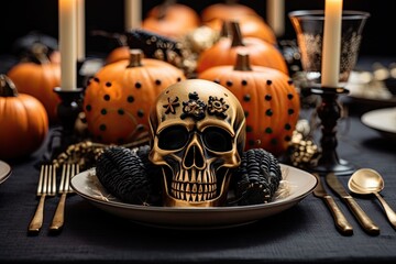 Wall Mural - Halloween table setting with skull, pumpkins, spider and candles on black table. Close up. Generative AI.