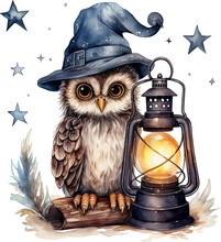 Autumn Cute Watercolor Owl With Vintage Lamp, Halloween Illustration. AI Generated