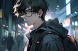 © Маргарита Вайс - lonely pensive anime guy in glasses with black hair on the background of a city street at night