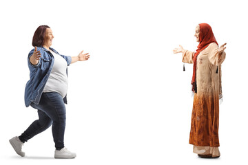 Poster - Overweight woman meeting and greeting a muslum young woman