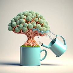 Wall Mural - Human brain growing from a tree, watering can is pouring water on the mind, mental health concept, positive attitude, creative thinking, Generative AI
