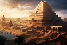Ancient City Of Babylon With The Tower Of Babel, Bible And Religion, New Testament, Speech In Different Languages, Illustration, Generative AI