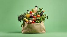 Eco Bag Full Of Vegetables And Greens On Green Background. Created With Generative AI Technology.