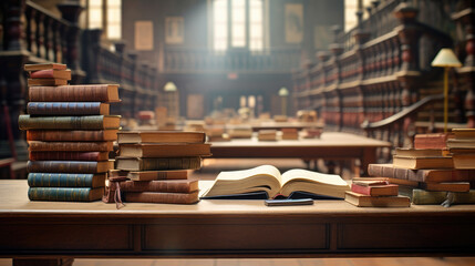 Poster - open book in front of piles of books on library background.created with generative ai technology.