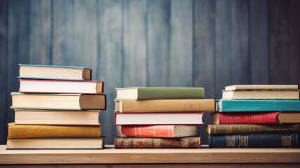 Poster - Stack of books on wooden table against a wooden background. Created with Generative AI technology.