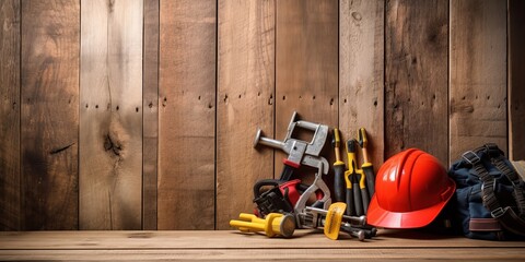 Flag of Jordan with various construction tools on a wooden background.