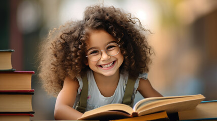 Canvas Print - Little girl surrounded by books sits in front of an open book and smiles. Created with Generative AI technology.