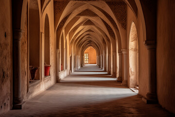  Empty long corridor of a medieval castle