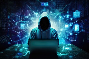 Poster - Hacker in front of laptop with glowing digital map on dark background, cyber security expert working on a laptop with digital padlocks and encryption codes showing around him, anonymous, AI Generated