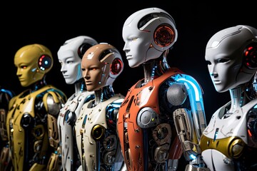 Poster - Group of female and male robots isolated on black background. 3d rendering, humanoid robots operating in harmony, with each embodying a unique and powerful personality, AI Generated