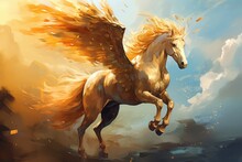Illustration Of A Horse With A Mane In The Sky. A Flying Horse With A Golden Mane. Fantasy Concept , Illustration Painting, AI Generated