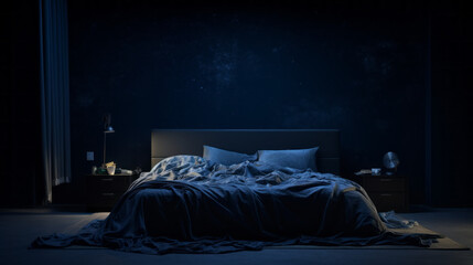 a dark blue room with a lamp illuminating part of the big blue bed