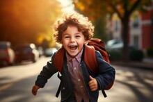 Happy Little Boy Running To Parents After Day At School Generative AI
