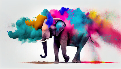 Elephant Happy Holi colorful background. Festival of colors, colorful rainbow holi paint color powder explosion isolated white wide panorama background, Ai generated image