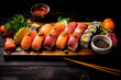 sushi pack with nigiri and maki on wooden table and black background