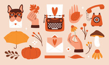 Hand Drawn Set Of Autumn Badges, Cliparts, Labels, Stickers. Cute And Cozy Illustrations With Typewriter, Old Phone, Bulldog With Letter, Hand Holding Leaf, Mushroom, Pumpkin, Umbrella, Acorn.