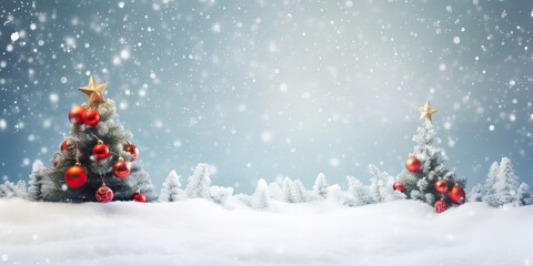 Wall Mural - Beautiful Festive Christmas snowy background. Christmas tree decorated with red balls and knitted toys in forest in snowdrifts in snowfall outdoors, banner format, copy space