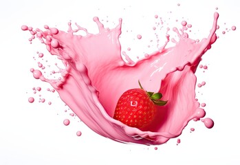 Wall Mural - Strawberry splash with fresh milk isolated on white background