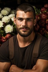 Canvas Print - A man standing in front of a bunch of flowers. AI.