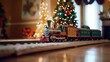 Toy Locomotive Under the Christmas. Toy Train Under the Christmas. New Year's toy locomotive. Christmas Presents. Happy New Year. Merry Christmas. Christmas Tree.