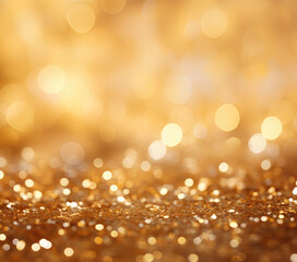 Abstract golden background with bokeh effect and shining defocused glitters. Festive gold texture for Christmas, New Year, birthday, celebration, greeting, victory, success, magic party.