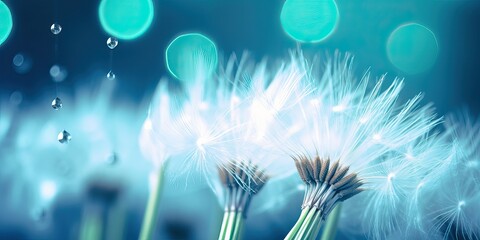 Sticker - Dandelion Seeds in droplets of water on blue and turquoise beautiful background with soft focus in nature macro. Drops of dew sparkle on dandelion in rays of light