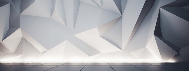 Wall Mural - Empty light and dark interior background. White geometrically textured 3D empty wall and smooth light floor with beautiful lighting