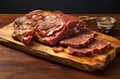 Photorealistic Food: Close-up of Dried Beef on Wooden Board. Generative AI