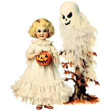 A Vintage Halloween Image Of Kid And Ghost 