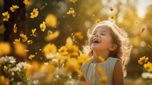 Happy Little Girl Laughing And Playing In Field Of Yellow Flowers. Freedom In Childhood