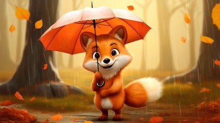 
Cute cartoon fox with umbrella in autumn forest.
