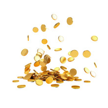 3d Rendering Of Gold Coins Falling On White.