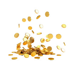 Sticker - 3d rendering of gold coins falling on white.