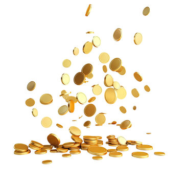 3d rendering of gold coins falling on white.