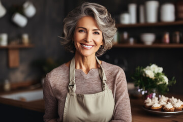 Mature woman baking in her kitchen  photo with empty space for text 