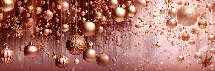 Poster - Big and small rose gold Christmas baubles background.  Trendy Holiday decorations 