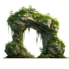 Forest Rock Arch Isolated On White With Moss Covered Cave Entrance.