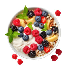 Wall Mural - Isolated fruit and yoghurt bowl with cereals and various berries and fruits seen from above.