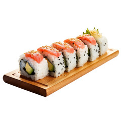 Wall Mural - Maki Sushi on white bamboo board, isolated with clipping path.
