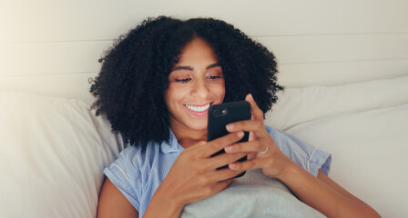 Poster - Phone, happy woman and bed of a young female texting on a social media app in the morning. Wifi, web networking and happiness of a young person with a smile in a house writing a text in a chat