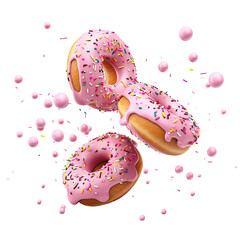 Poster - Sprinkled donuts flying over white background.